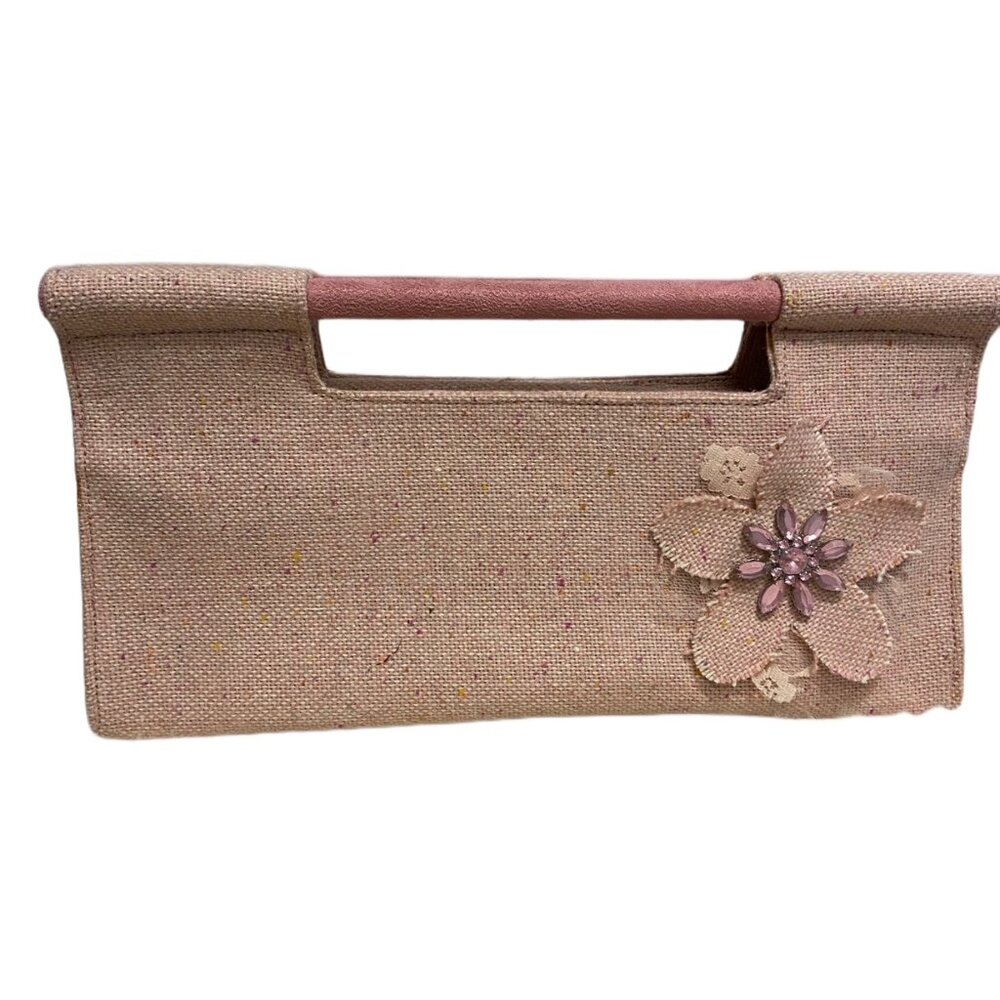 Gaya Blush Pink Natural Muslin Clutch with Sparkly Bead Flower